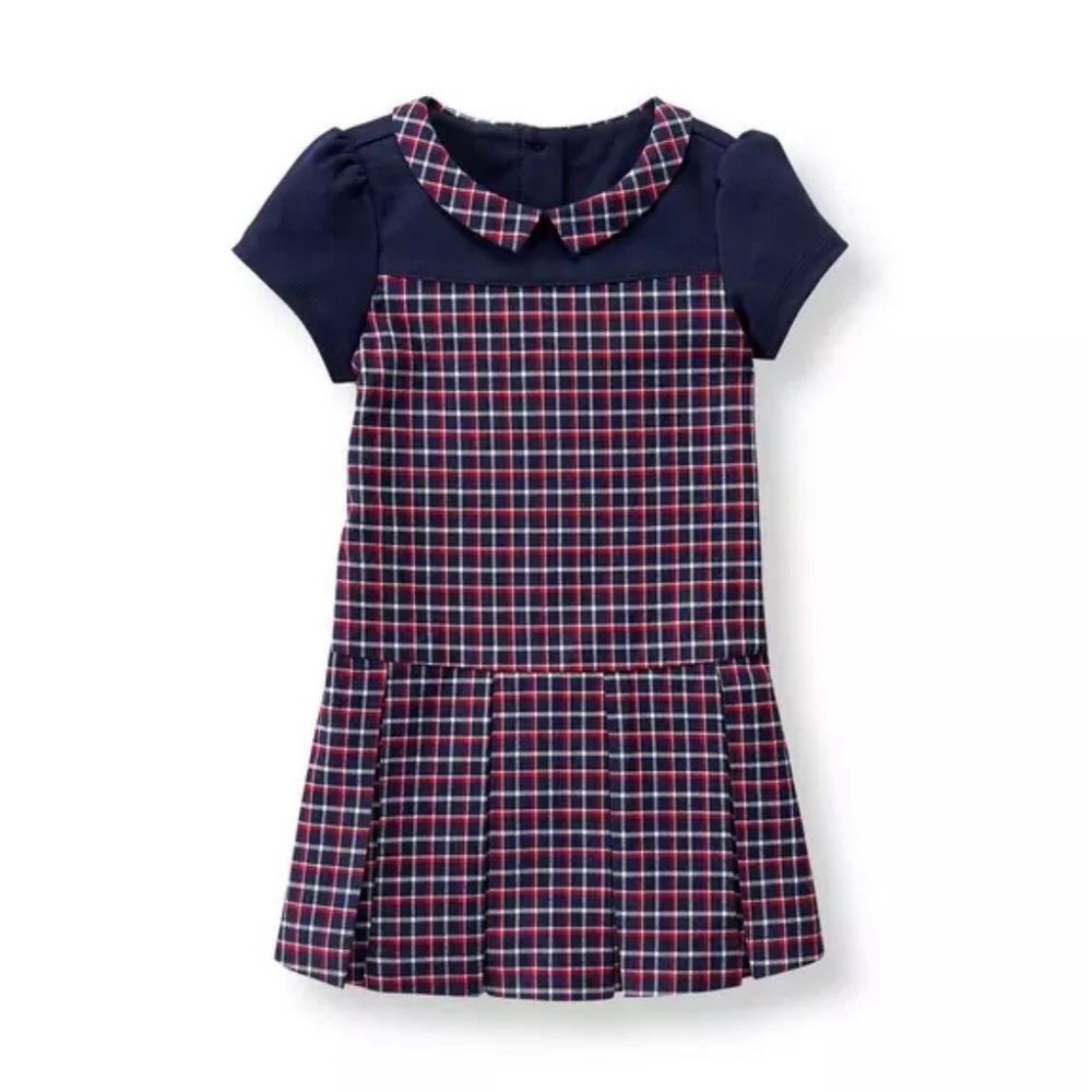 Janie and Jack Plaid Pleated Dress Navy Red‎ White Girls Size 4